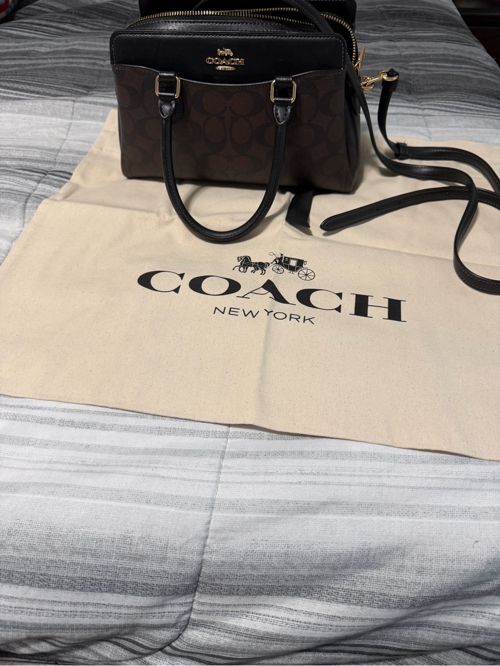 Coach Brown Signature Canvas and Black Leather Satchel